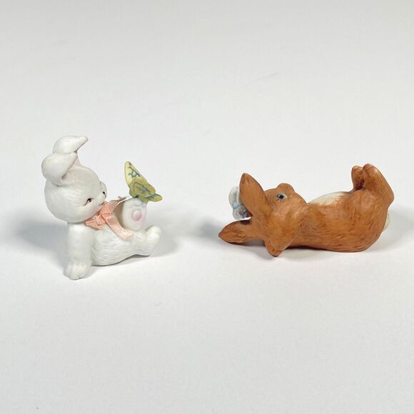 Vtg Porcelain Mini Rabbit Figurines Butterfly White Brown Bunny Matte Ceramic - Picture 9 of 11